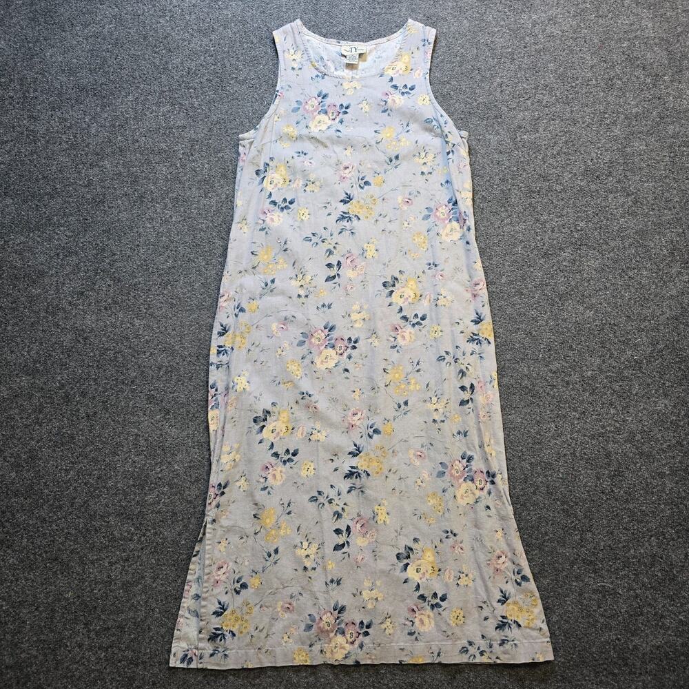 TY Original Wear Dress Womens Size 12 Gray Floral Linen Midi Cottage Prairie
